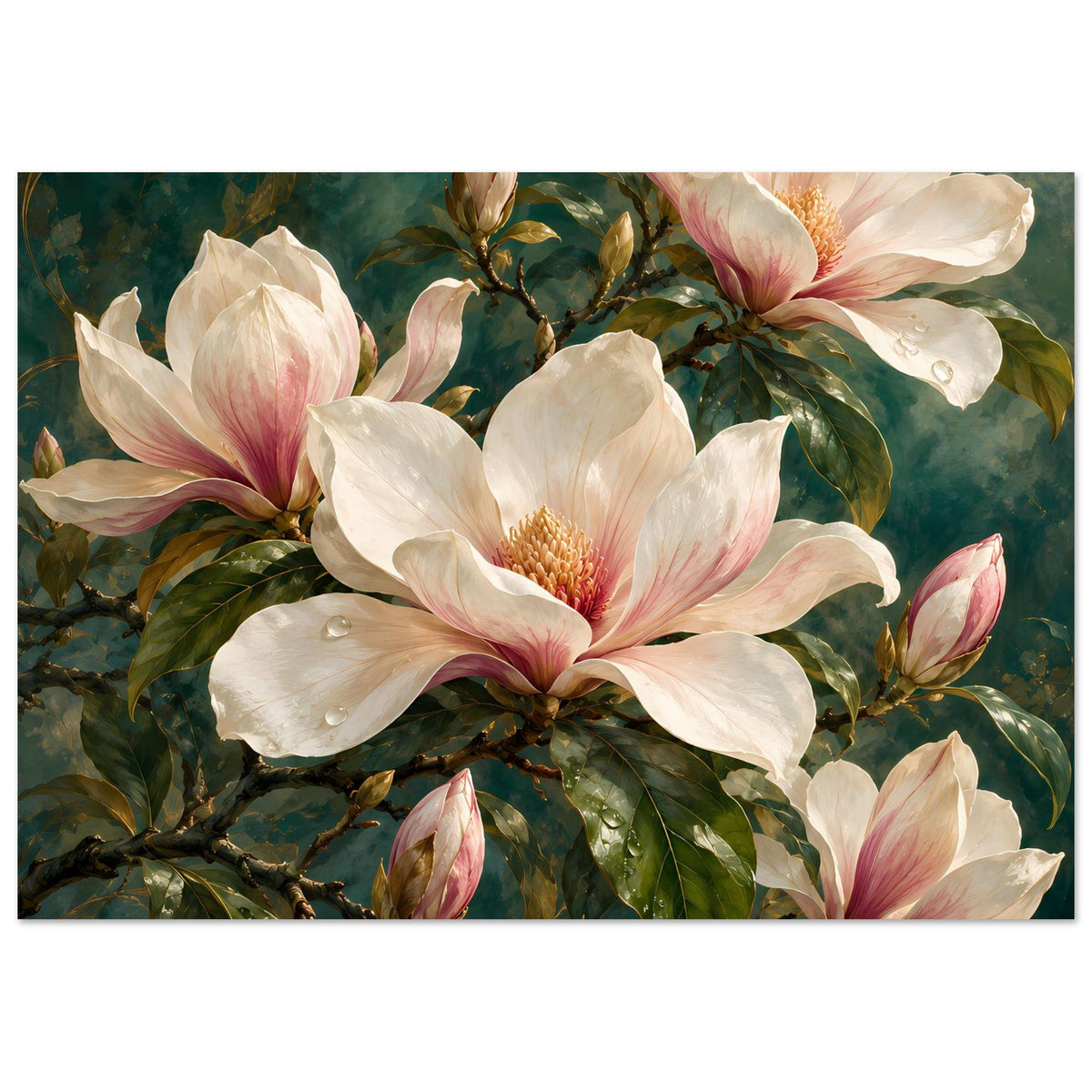 Rechteckiges Poster mit Magnolienblüten in Creme und Rosa auf verzweigtem Astwerk