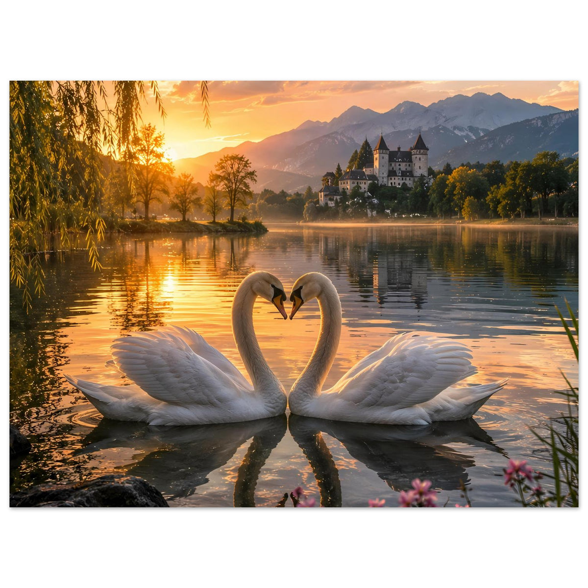 Poster im Hochformat mit Herzschwänen: weißes Federpaar am See im warmen Abendrot