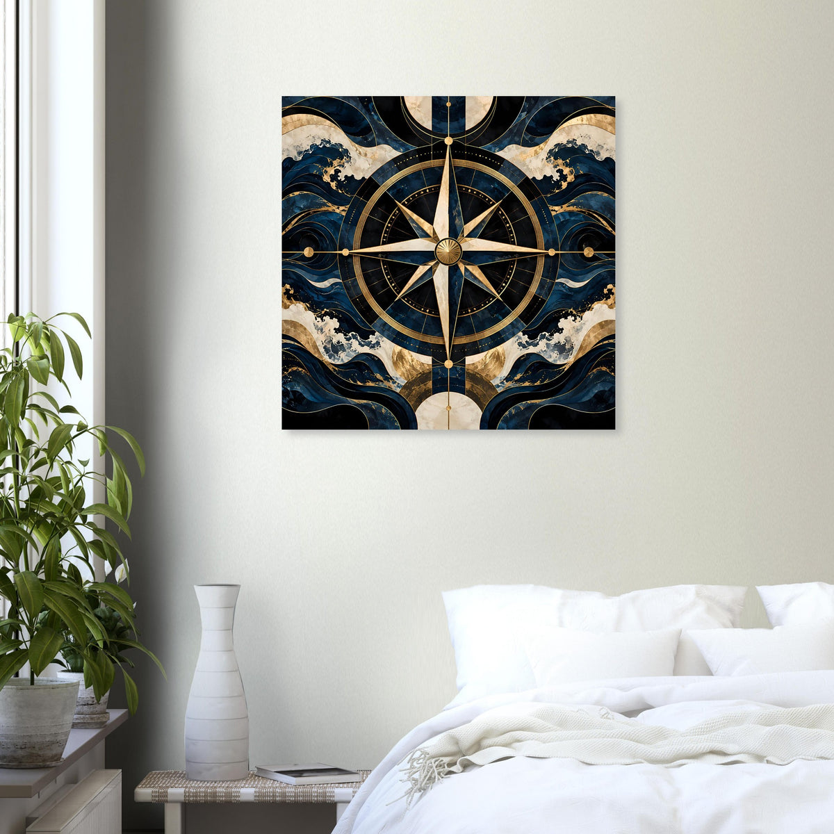 Maritimes Navigationsposter, quadratisch: Kompassrose mit goldenen Ringen und Wellen