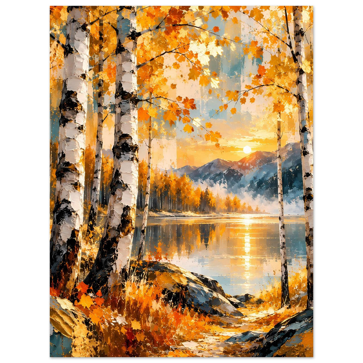 Herbstsonne-Poster im Hochformat: Birken, orange Herbstfarben, See mit goldener Spiegelung