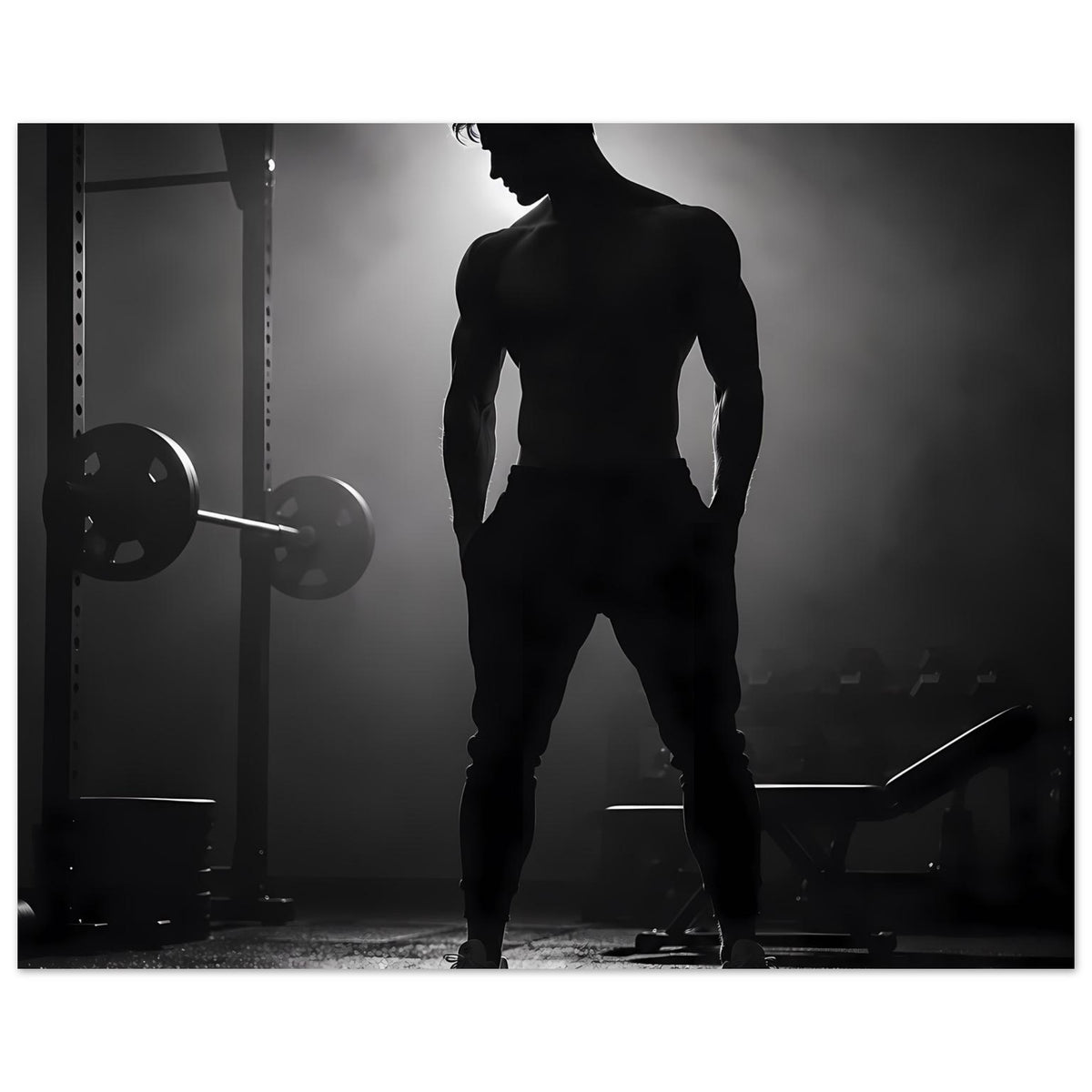 Fitness-Artprint mit Schwarz-Weiß-Silhouette eines Mannes, Hantelständer seitlich sichtbar