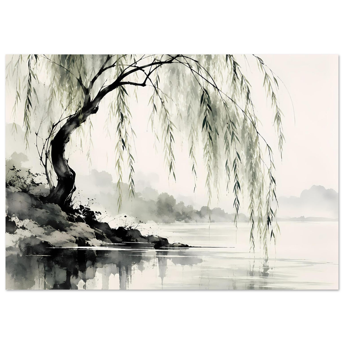 Naturposter mit Weidenbaum und grünen hängenden Zweigen über spiegelndem See, Aquarell