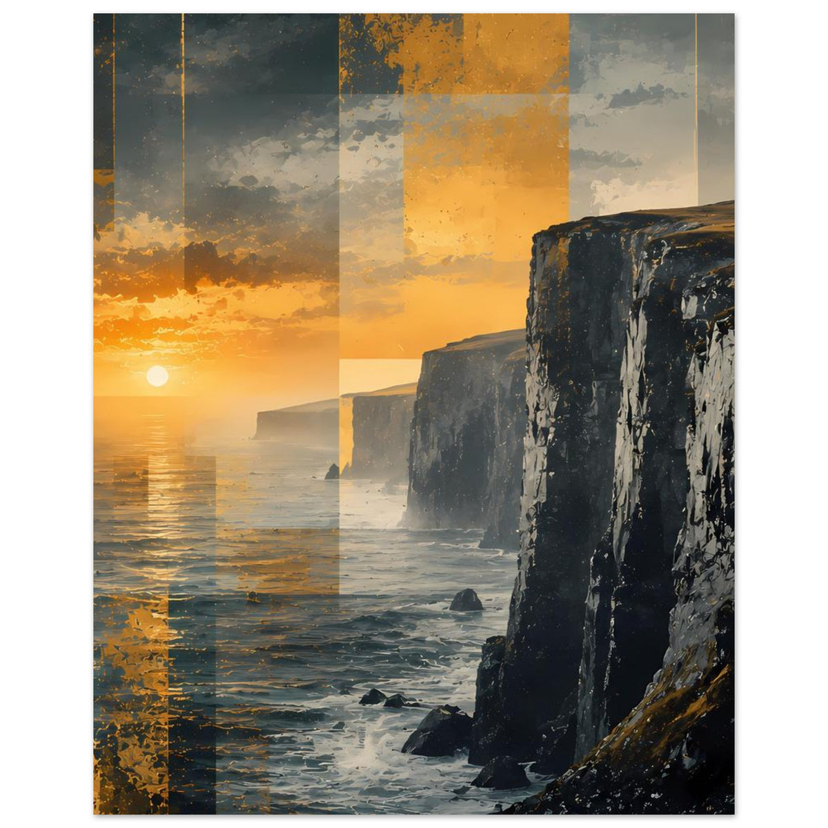 Poster mit Sonnenuntergang über Wasser und dunklen Klippen, goldene Wolken und graues Meer