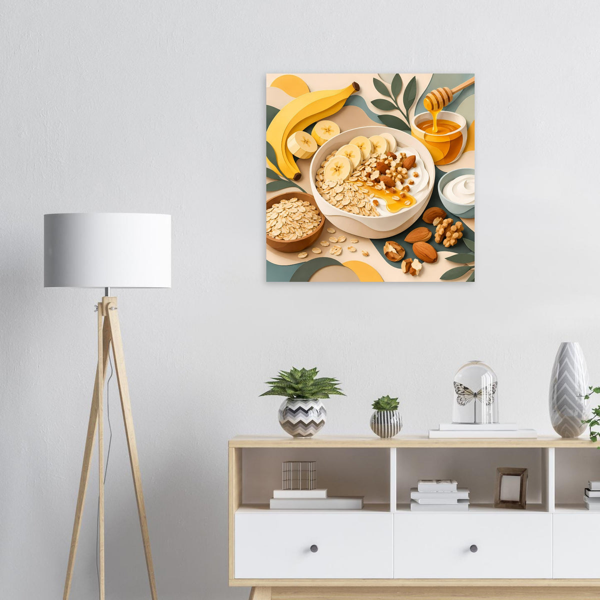 Quadratisches Poster mit Frühstücksmotiv: Banane, Honig in Schüssel und geröstete Nüsse