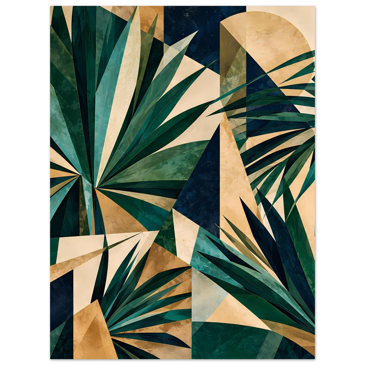 Kunstdruck-Poster im Hochformat mit abstrakten Palmenblättern in Grün, Gold und beigen Flächen