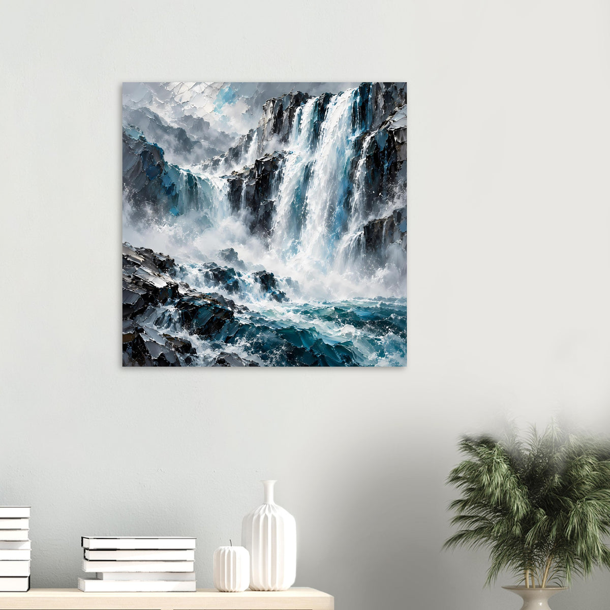 Quadratisches Wasserfall-Poster im Wohnraum: blaue Felsen, weiße Wasserfälle und Wellenmeer