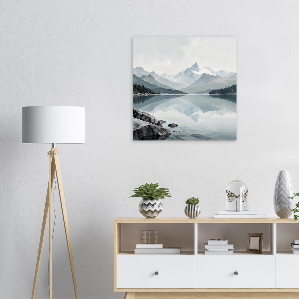 Gerahmter Landschaftsdruck mit Bergsee und Spiegelung, horizontales Motiv
