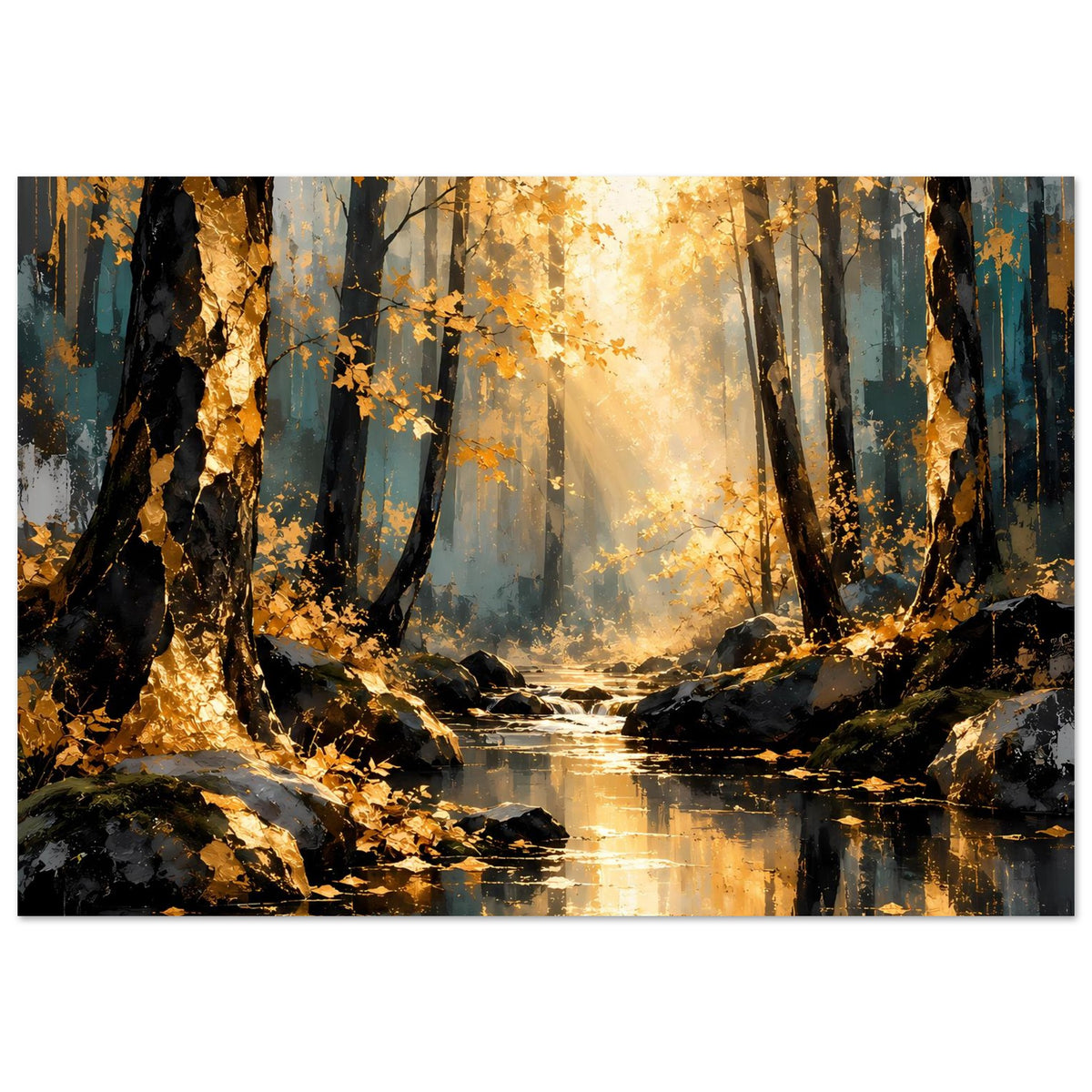 Breites Poster mit Herbstwald, Felsriffen, Bachlauf und goldener Spiegelung