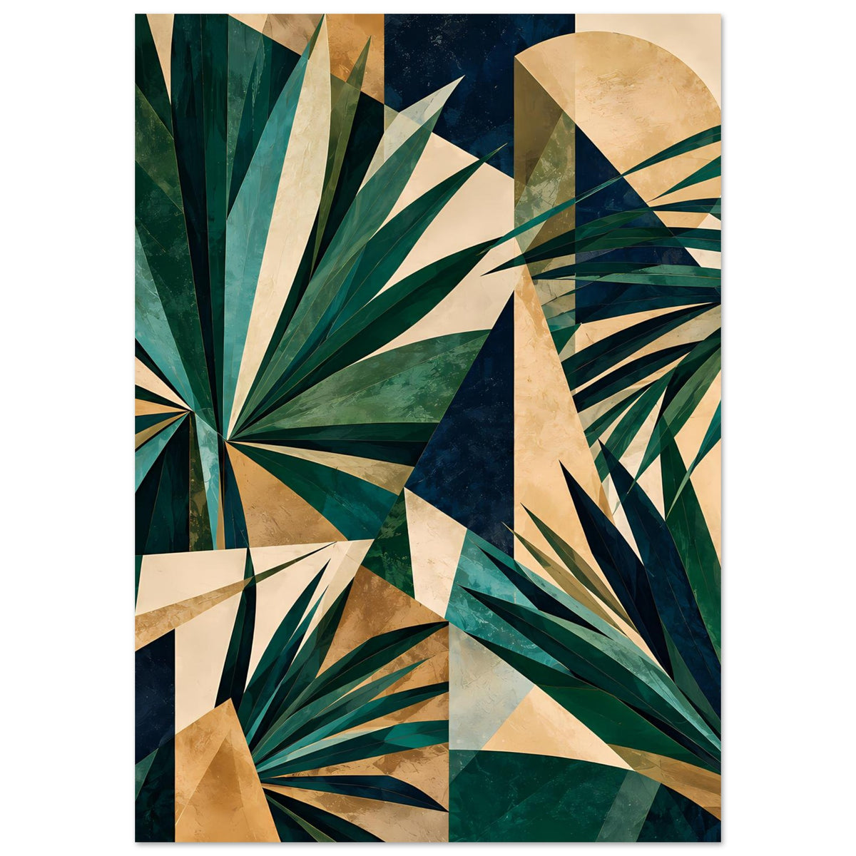 Kunstposter mit geometrischen Blattkanten in Grün und Gold, vertikal