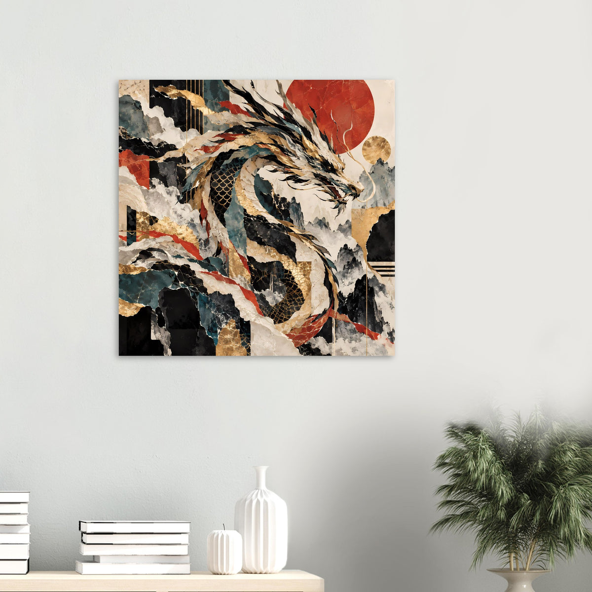 Kleines Drachen-Poster im Rahmen, abstraktes Design mit Gold- und Rottönen, quadratisch
