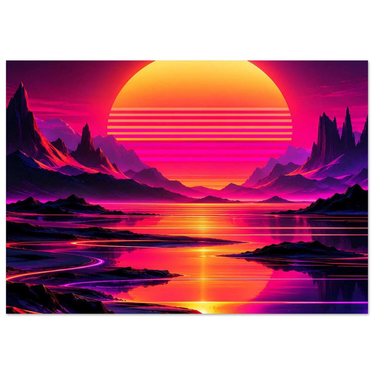 Neon-Poster im Querformat mit gelber Sonne, Bergsilhouetten und pinkem Wasserpanorama.