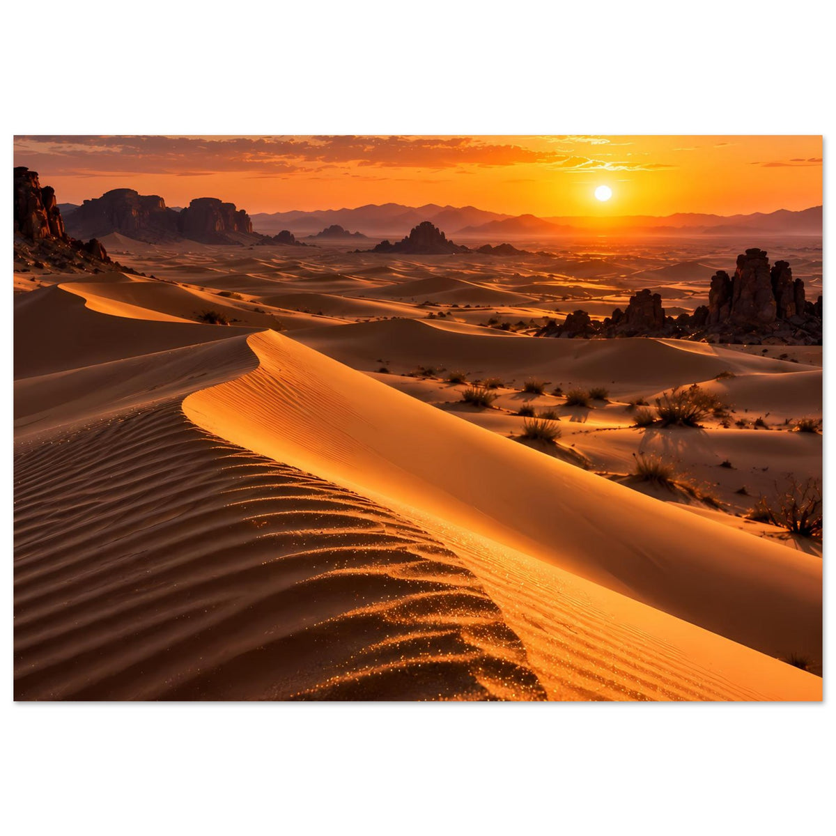 Querformat-Poster: Sanddünen bei Sonnenuntergang, orangefarbener Himmel und Sonne
