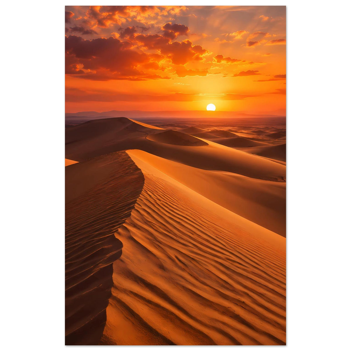 Poster mit Sonnenuntergang über Wüsten-Dünen, orange Himmel, vertikales Format mit Rand