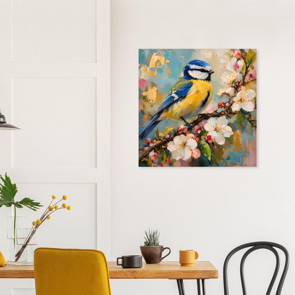 Wandposter mit blau-gelbem Vogel und bunten Blüten, quadratisch