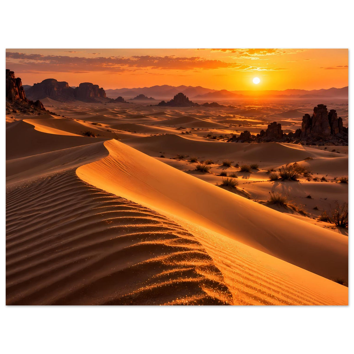 Breites Poster mit Wüstenlandschaft bei Sonnenuntergang, helles Dünenband