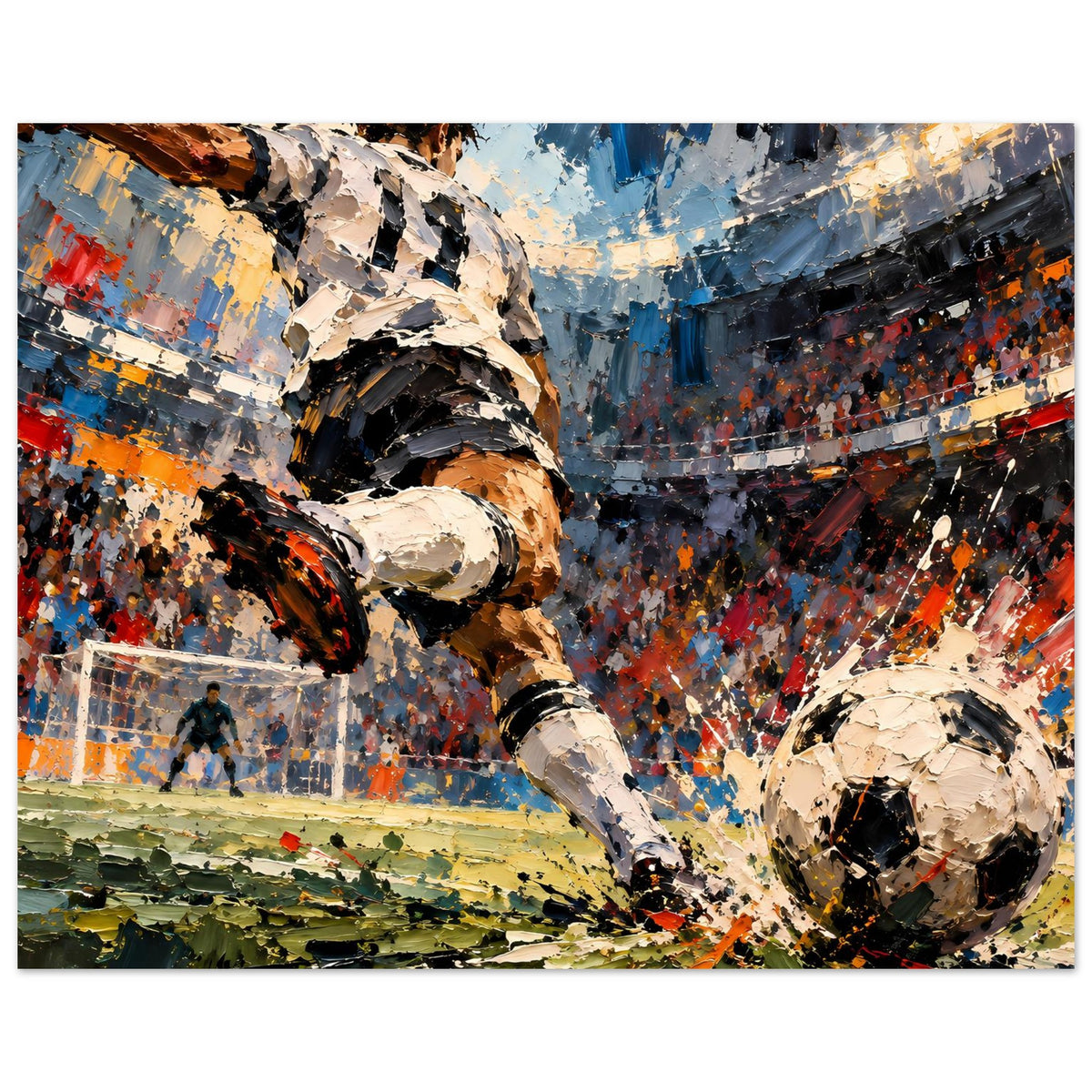 Horizontales Fußball-Actionposter: Stürmer im Nahbereich, Ball rechts, volle Tribünen im Farbauftrag