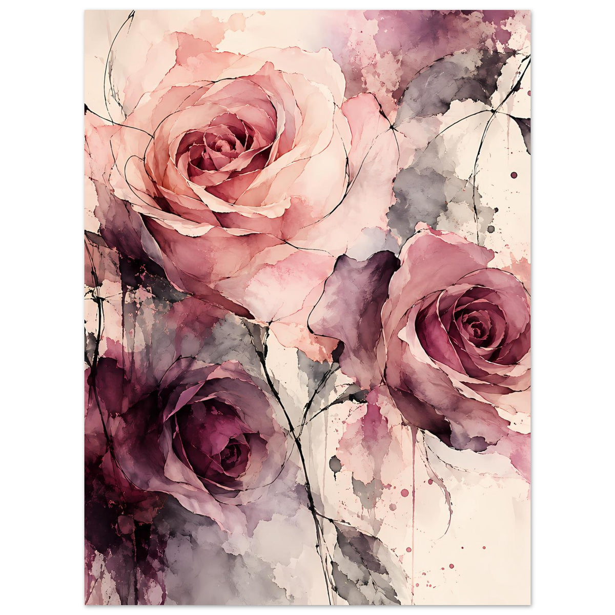 Wasserfarben-Rosenposter im Hochformat mit drei Rosen, Pfingstrosenoptik in Rosa und dunklem Lila