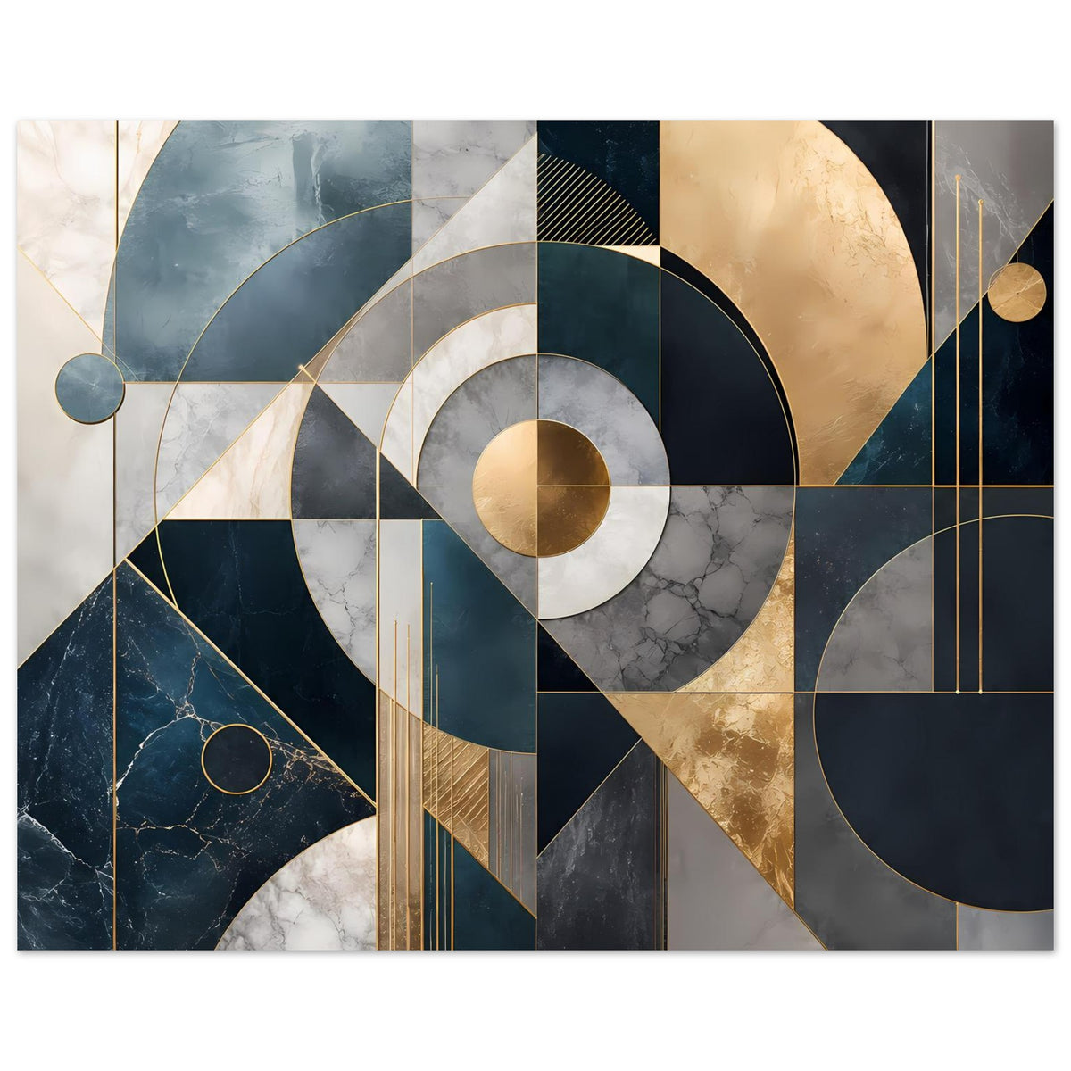 Abstraktes Kunstposter im Querformat mit goldenen Kreisformen, Linien und Flächen in Blau/Grau