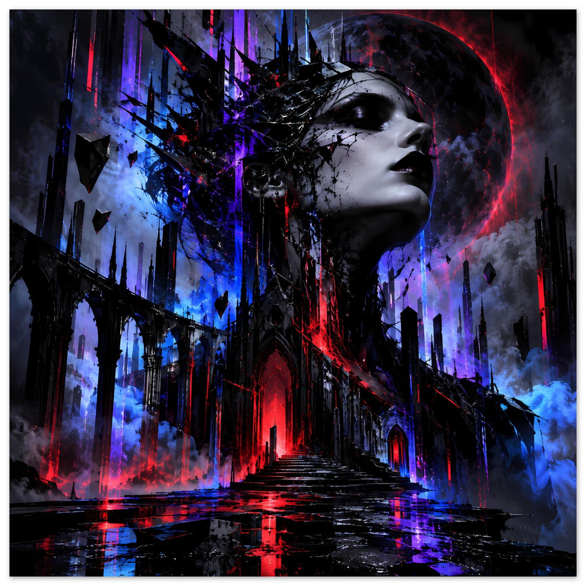 Gothic-Fantasy-Poster mit düsterem Porträt und Neon-Rot-Blau, Schlossturm und Nebel