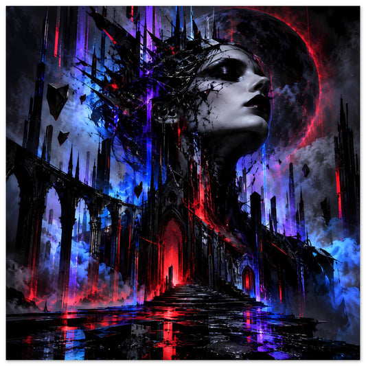 Gothic-Fantasy-Poster mit düsterem Porträt und Neon-Rot-Blau, Schlossturm und Nebel