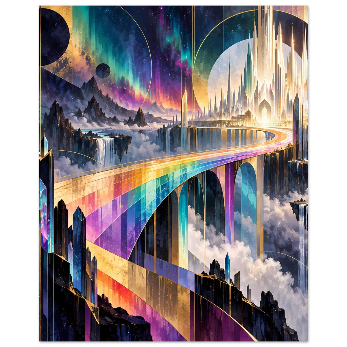 Poster im Querformat mit Regenbogenbrücke, mehrfarbigen Bögen und futuristischen Türmen