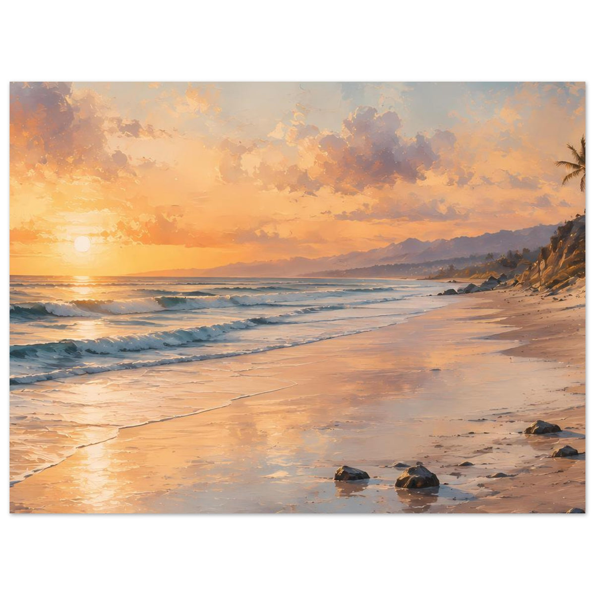 Strandposter auf mattem Papier, Querformat: goldener Sonnenaufgang, weite Küste, Steine am Strand.