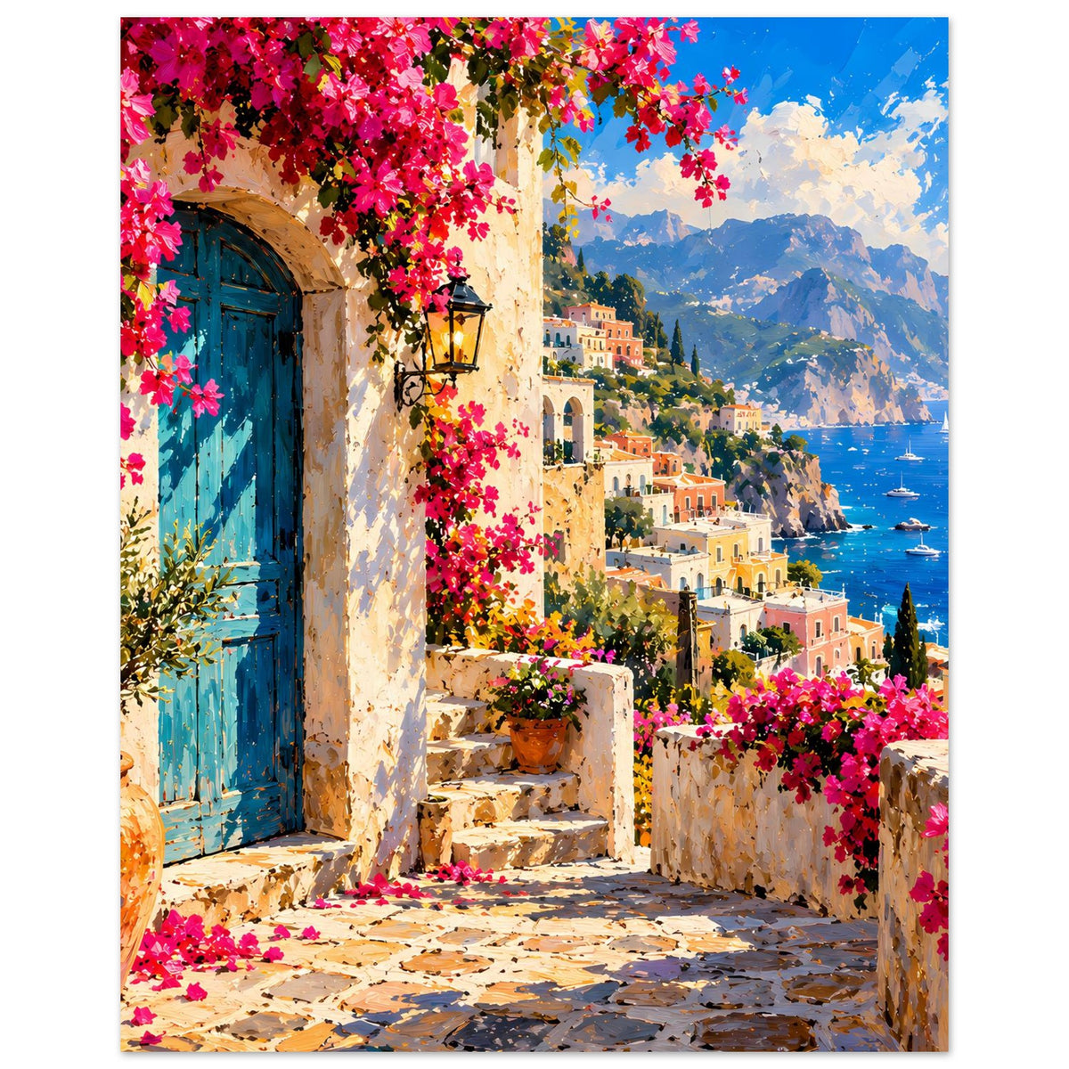 Poster: mediterraner Gang mit blauer Tür, pinken Blumen und Meerblick mit Bergen