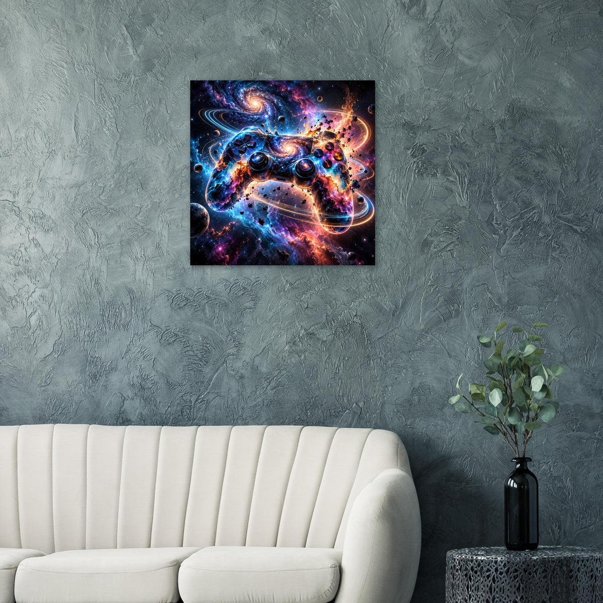 Quadratisches Poster mit Weltraum-Illustration eines Gaming-Controllers in Blau, Orange und Violett