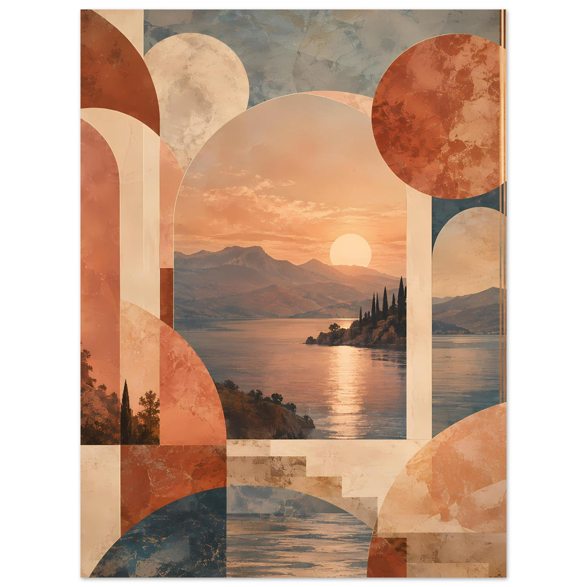 Abstraktes Poster: Sonnenuntergang-See, große Kreise, Rechtecke und vertikale Linien
