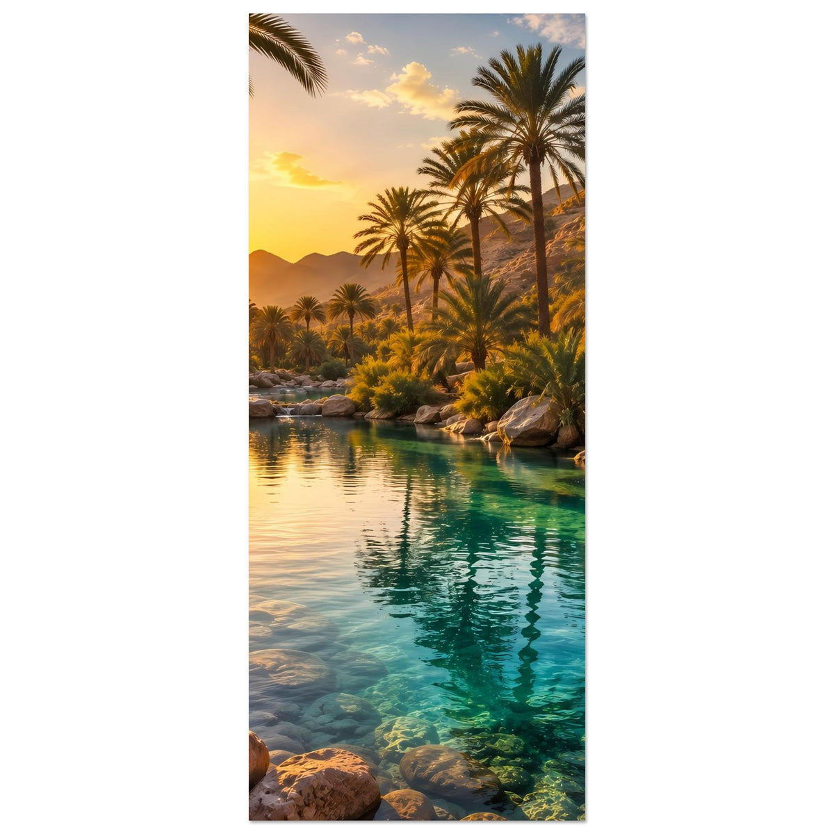Vertikales Poster mit Palmen, türkisfarbenem Wasser und Felsen am Fluss bei Sonnenuntergang