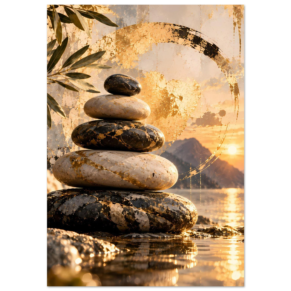 Zen-Poster: Stapel Steine auf ruhigem Wasser, goldene Lichtkörnung und Kreisornament