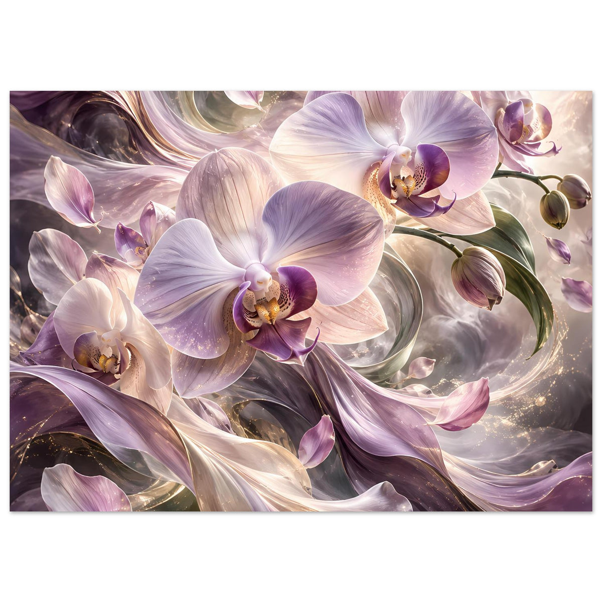 Blumenposter im Rahmen mit violetten Orchideen und cremefarbenen Blüten