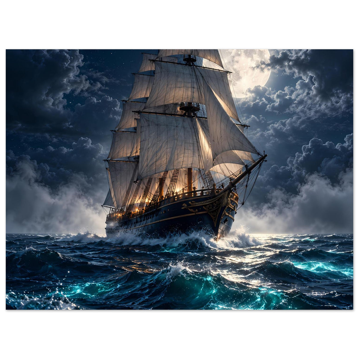 Segelschiff-Poster im Querformat: Vollmond, dramatische Wolken und aufgewühlte See
