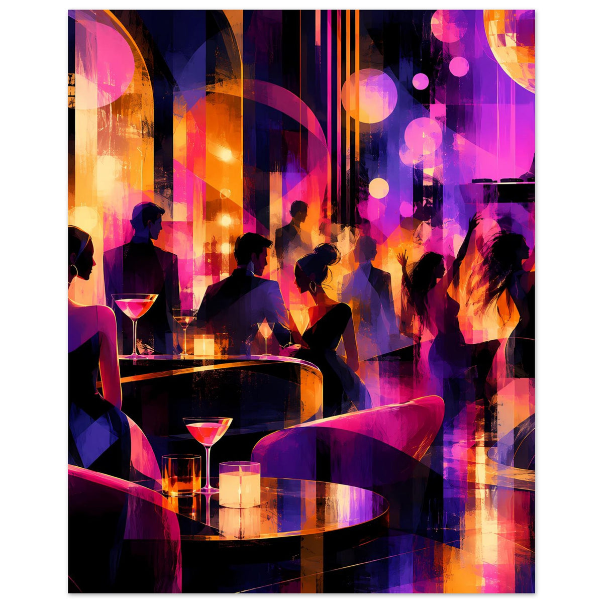 Nachtleben-Poster mit Party-Silhouetten an der Bar, Cocktailgläser und bunte Lichter.