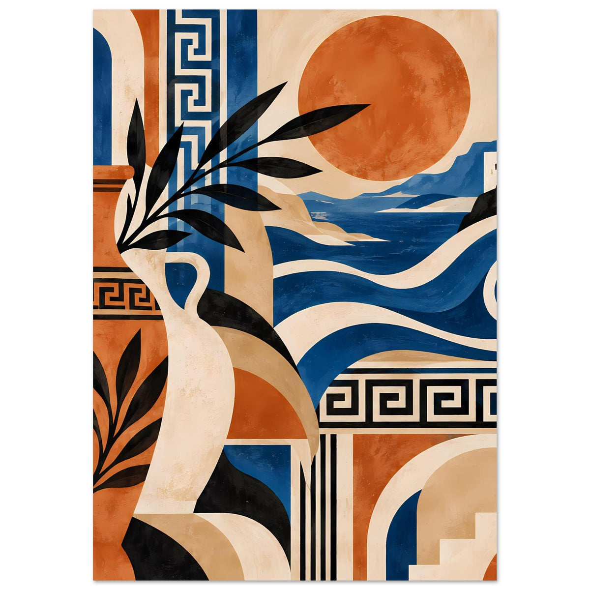 Hochformat-Kunstposter: Aktfigur, orange Sonne, blaue Wellen und geometrische Rahmenmuster