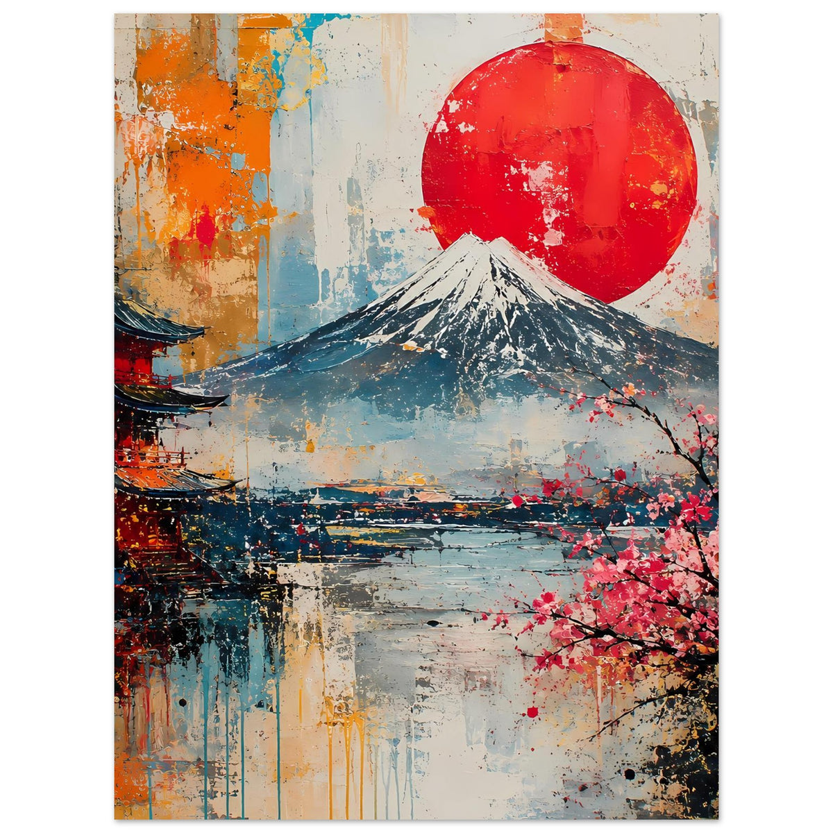 Japanisches Fuji-Kirschblüten-Poster mit roter Sonne, Berg und rosa Blüten im Farbverlauf