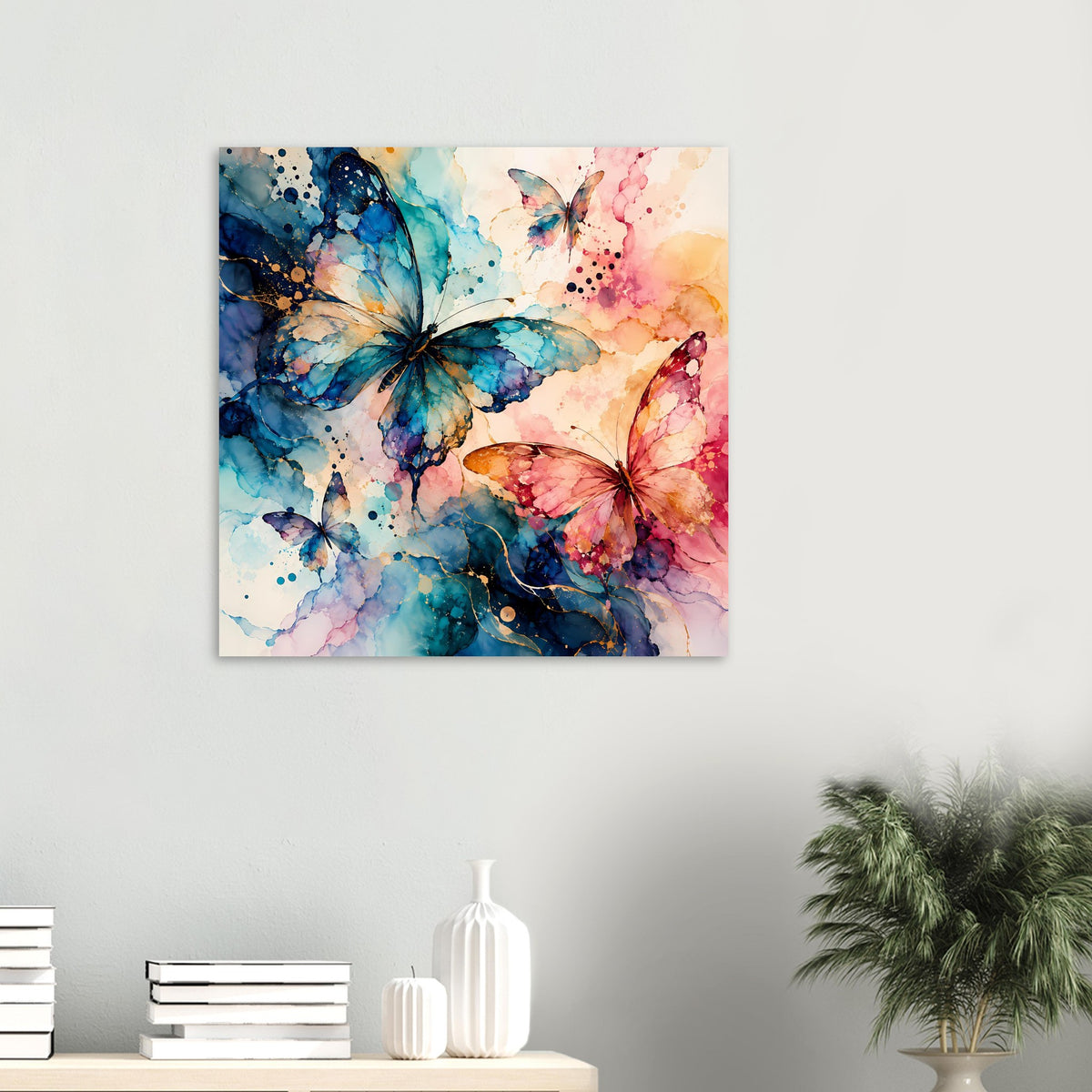 Quadratisches Aquarell-Schmetterlingsposter in Blau und Rosa