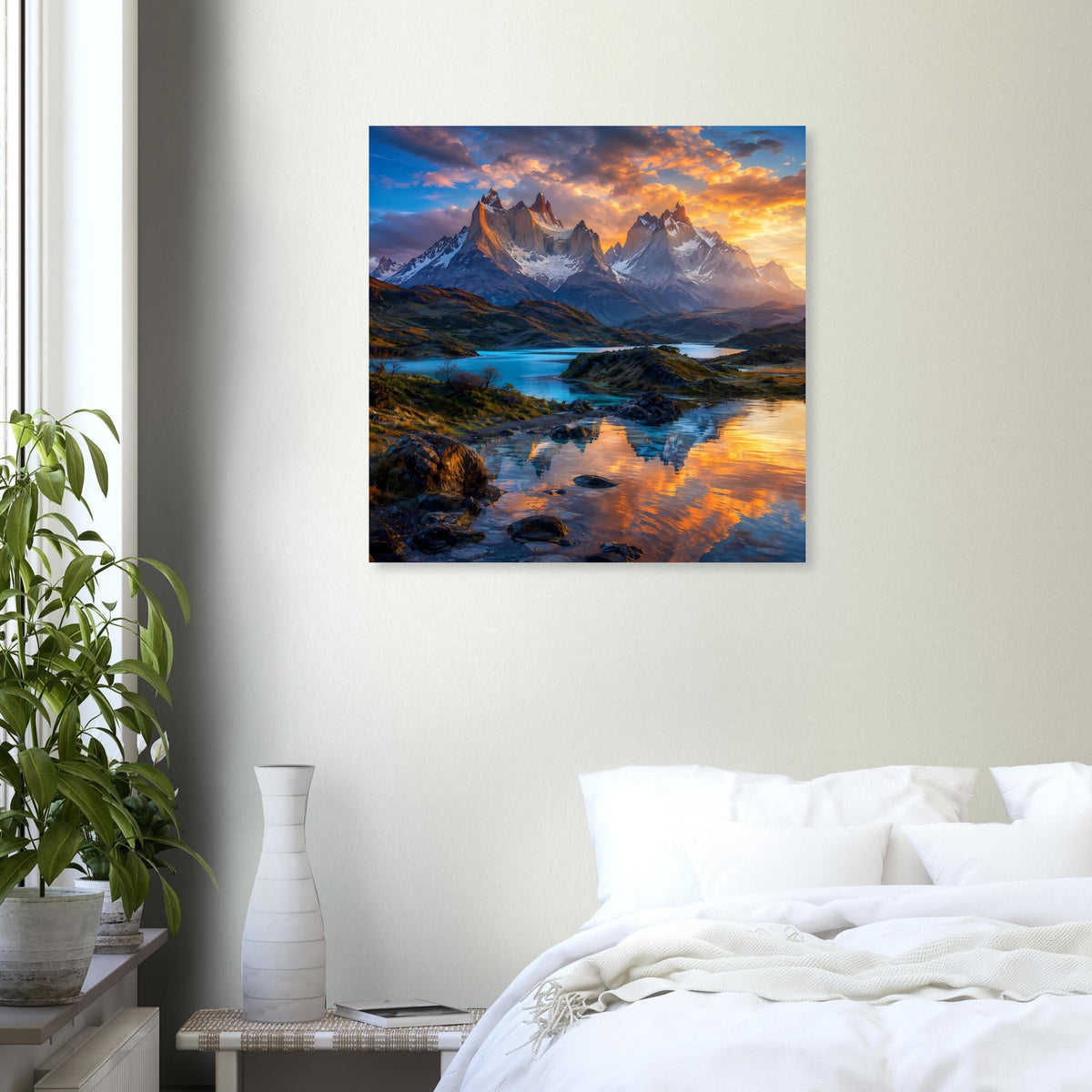 Poster mit Bergpanorama und spiegelndem See bei Sonnenuntergang, blau eingefasst