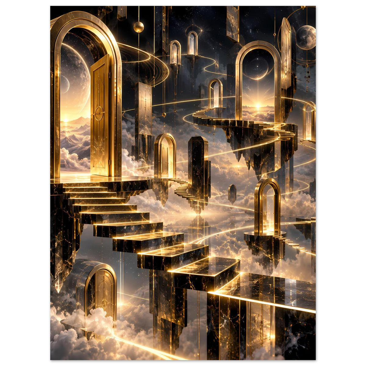 Luxuriöses Poster mit gold-schwarzem Fantasy-Architekturmotiv über wolkenartigem Himmel