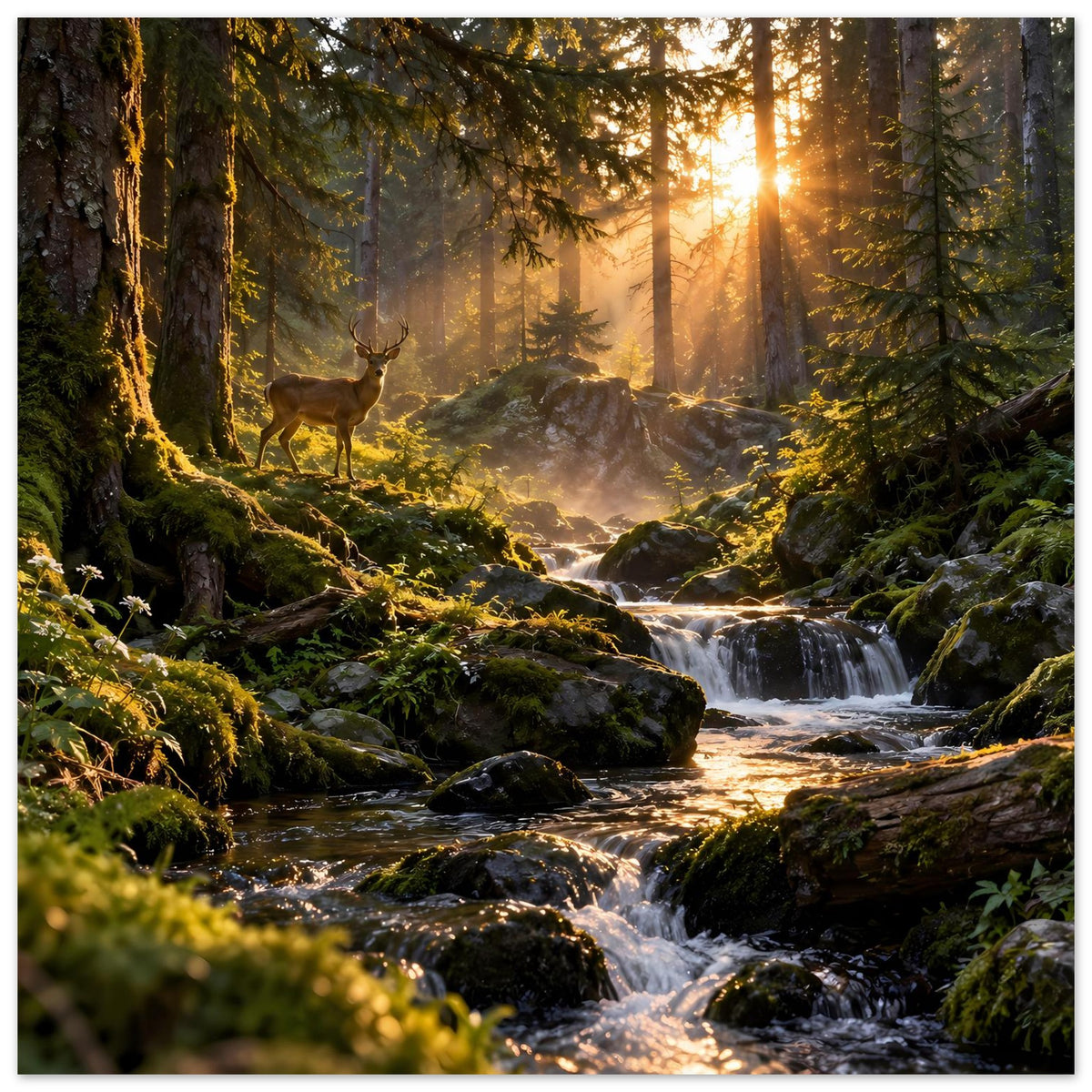 Poster: Waldbach mit moosigen Steinen und Hirsch in Sonnenstrahlen