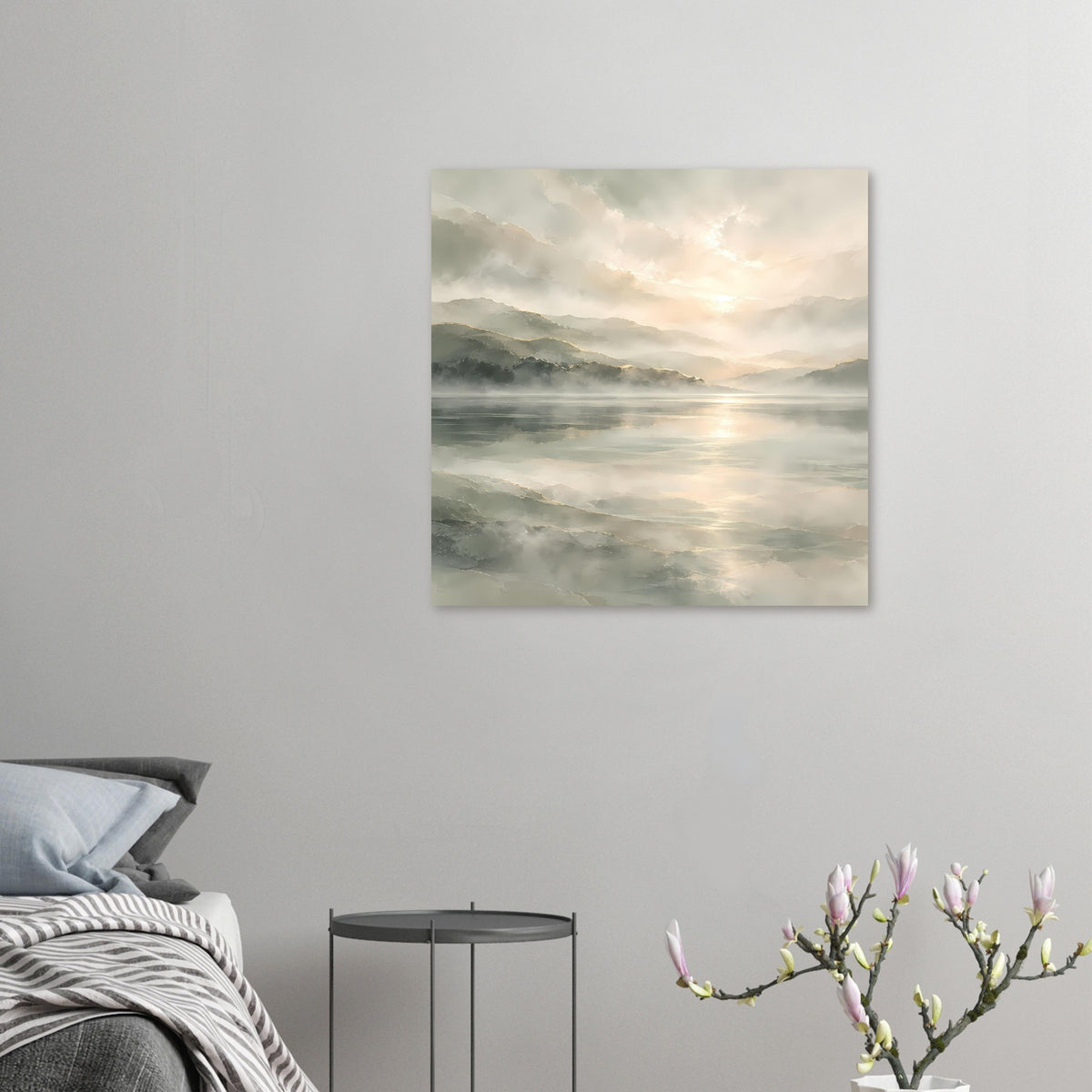 Quadratisches Poster mit nebligem See, Bergen und sanften Sonnenstrahlen, matt