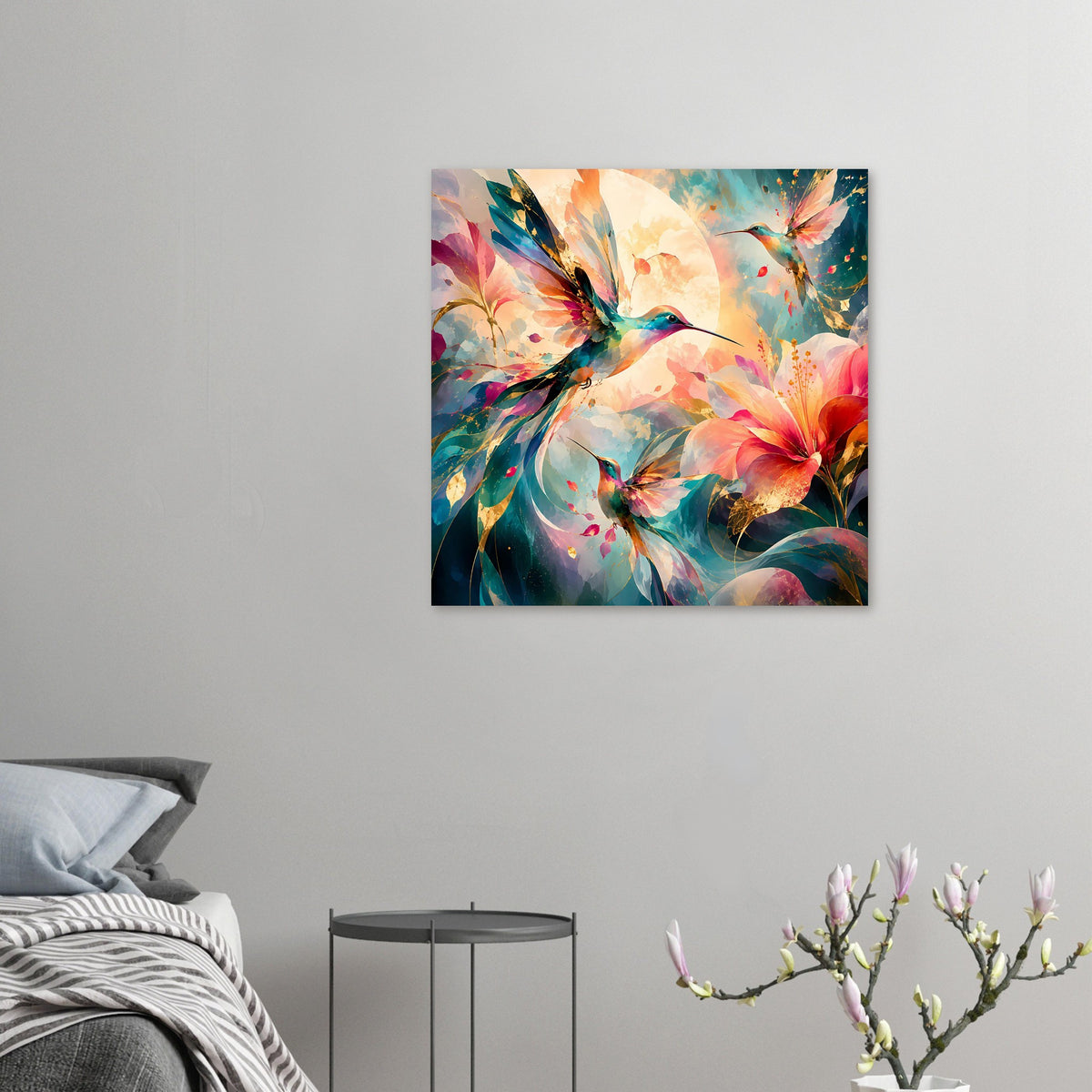 Quadratisches Kunstposter mit Kolibris und roten Blüten, buntes abstraktes Motiv