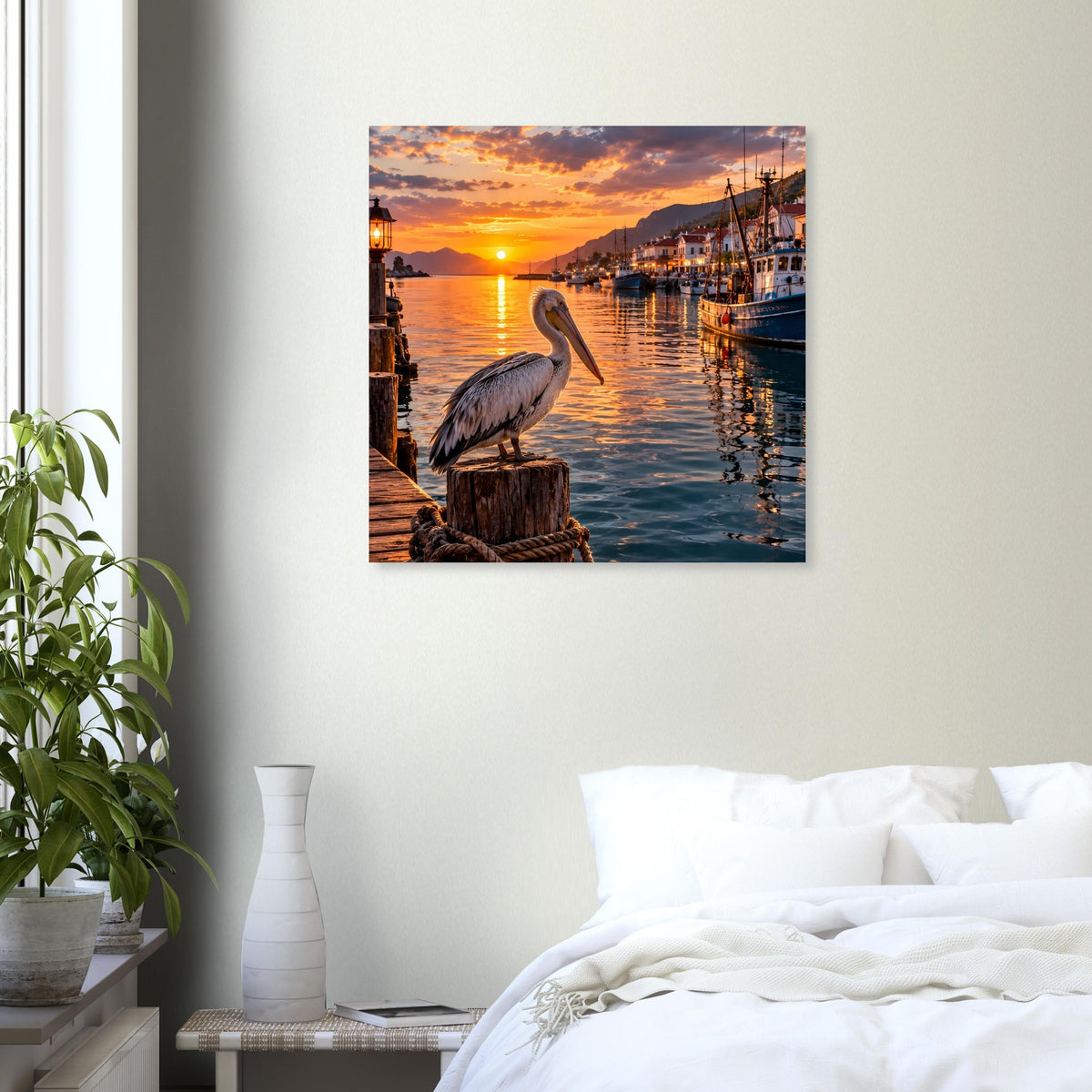Wandposter mit Pelikan auf Holzpfahl bei Sonnenuntergang, warmes Licht am Hafen