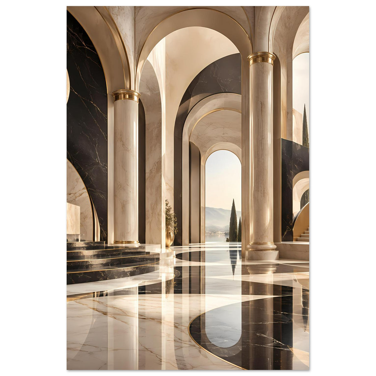 Architekturposter mit goldenen Säulen, schwarzen Marmorbögen und glattem Marmorboden