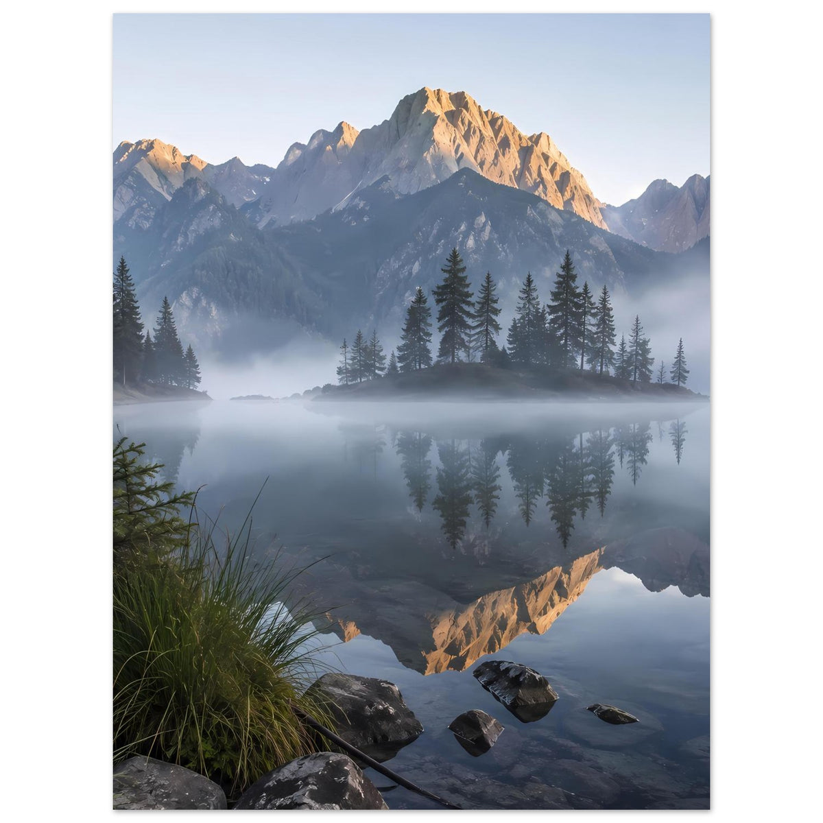 Poster mit Bergsee-Landschaft, spiegelnden Bergen, Nebel und Tannen am Ufer