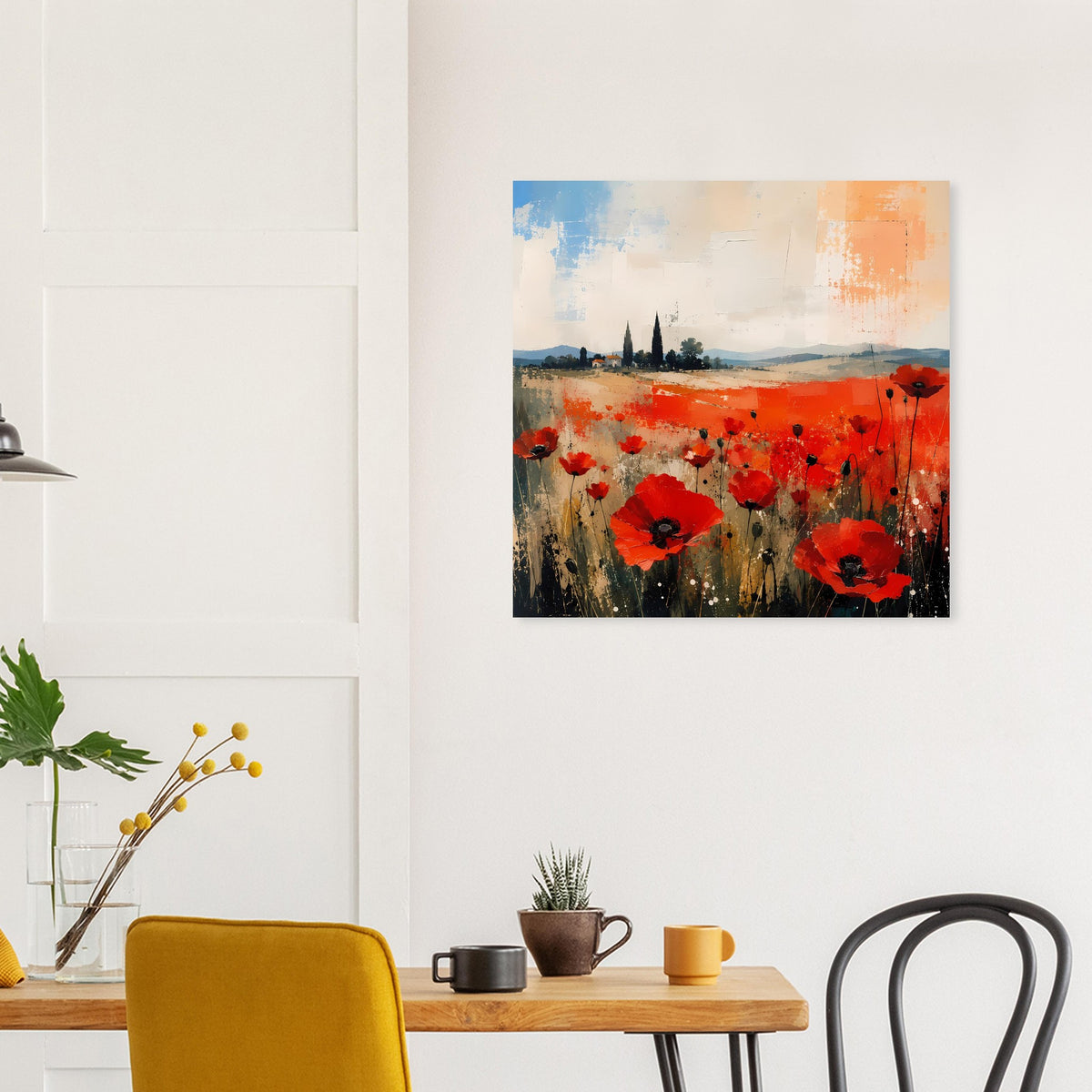 Quadratisches gerahmtes Poster: rote Mohnblumenfeld-Abstraktion mit blauem Himmel und Orange