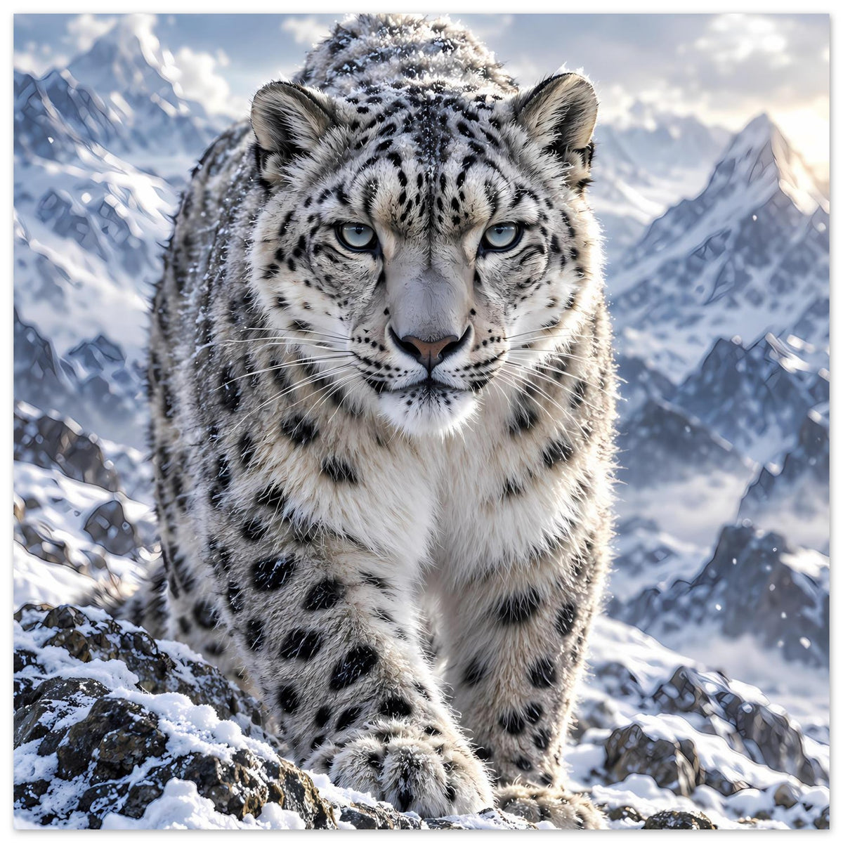 Schneeleoparden-Poster: Leopardenportrait mit Vorderpfoten auf schneebedecktem Fels