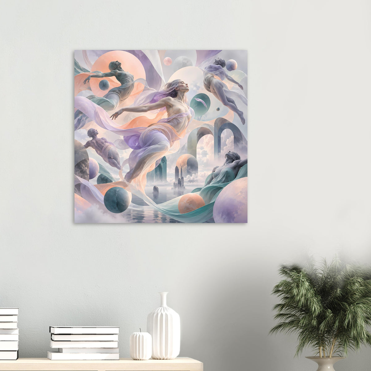 Quadratisches Kunstposter mit Tänzerinnen, Pastellfarben und säulenartigem Hintergrund