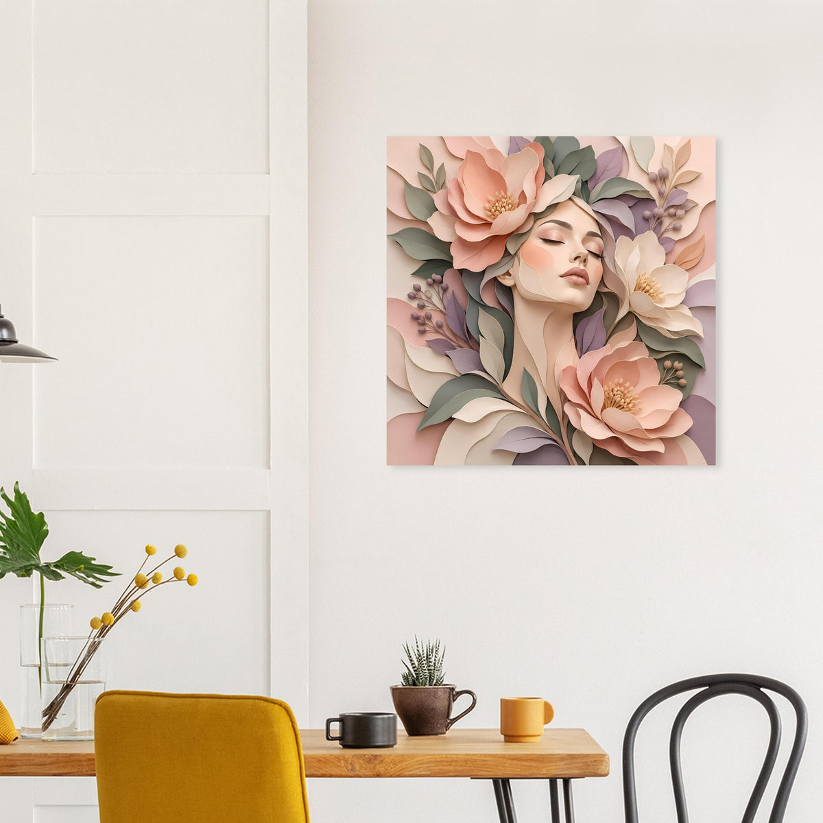 Quadratisches Wandposter mit floraler Komposition, Frauengesicht in Creme- und Rosatönen