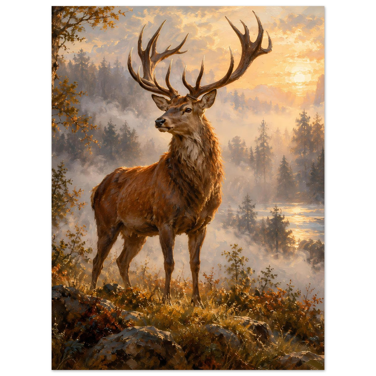 Sunrise-Poster mit Hirsch und herbstlichem Unterholz, Premiumpapier